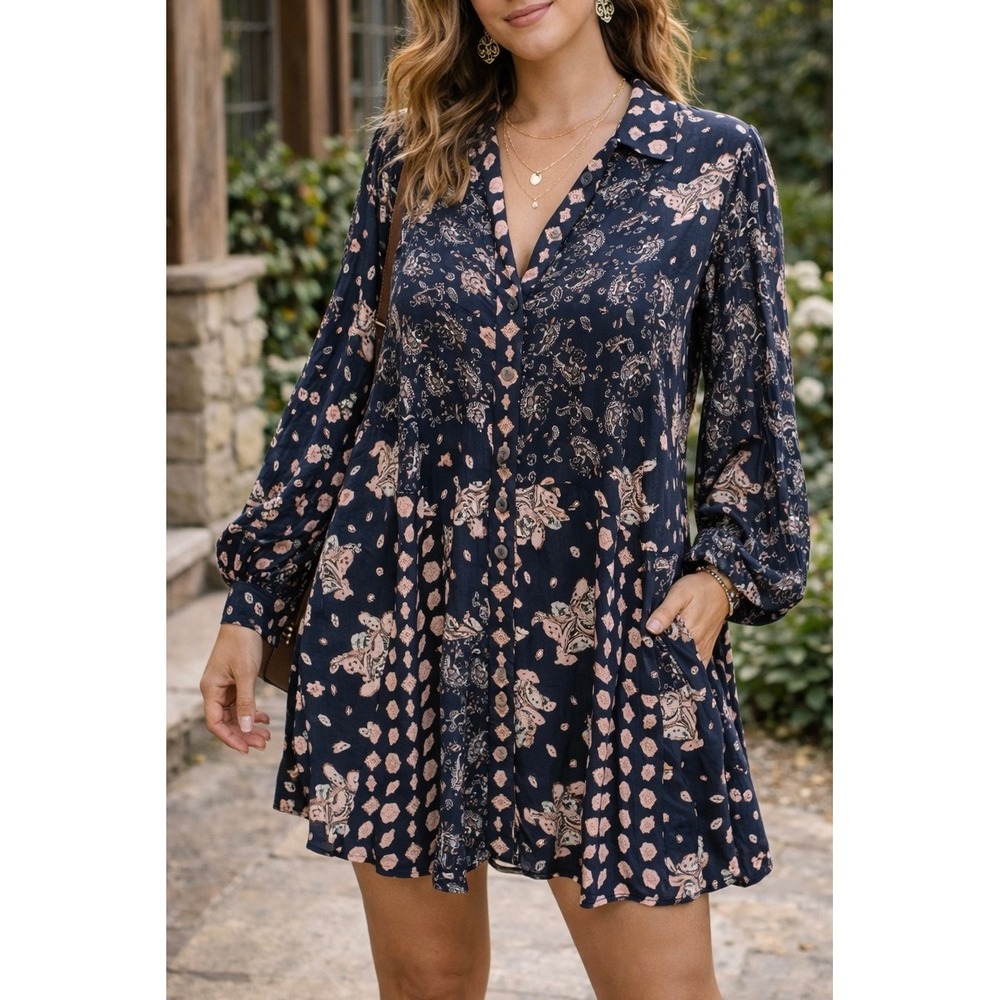 Free People Shirt Dress Navy Floral Medium Boho Romantic Festival Cottagecore